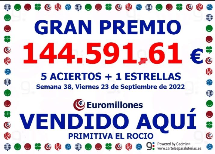 Cartel de Euromillones anunciando un premio de 144.591,61 euros vendido en Primitiva El Rocío.